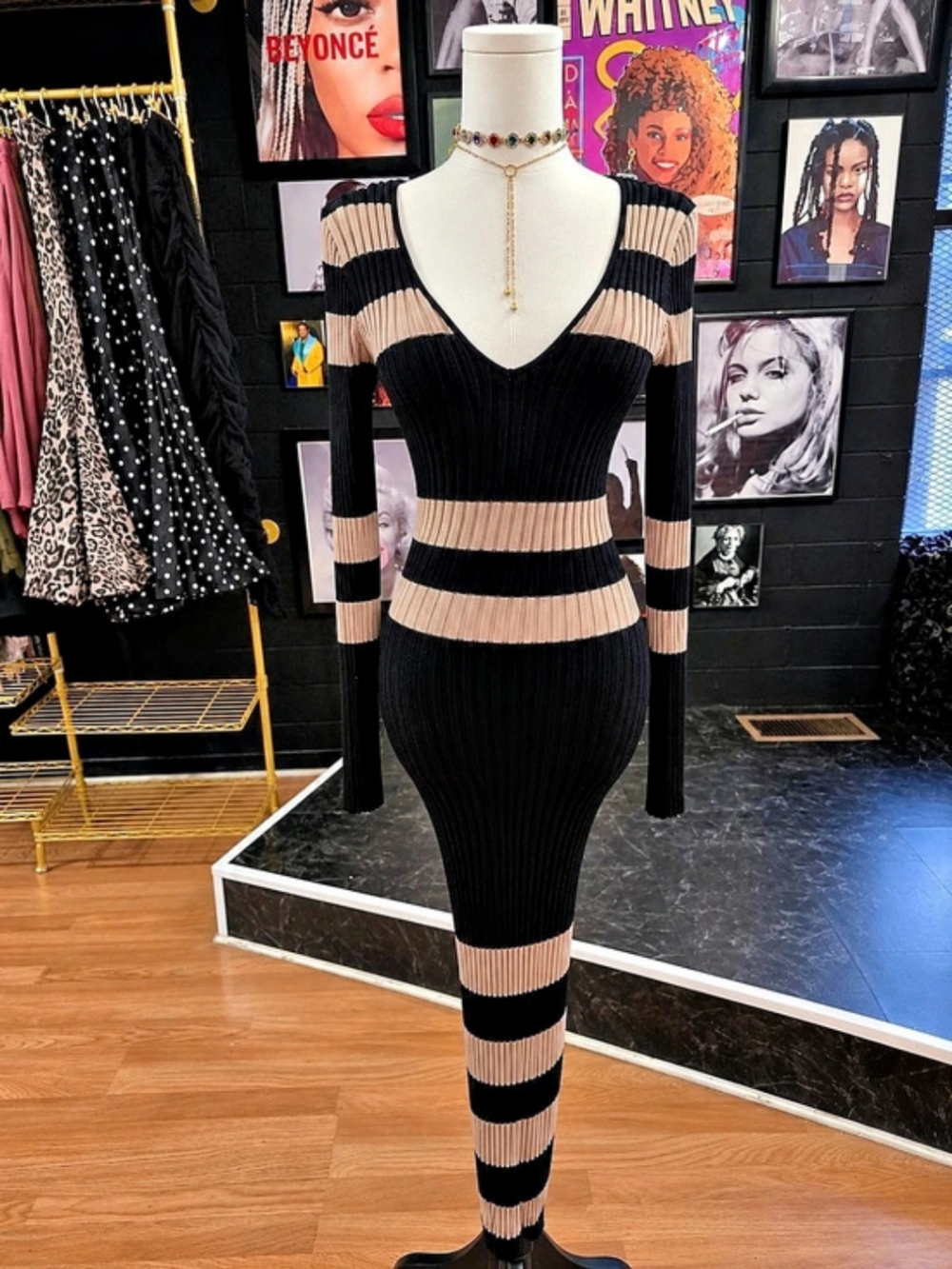 Striped Bodycon Midi Dress in Black & Pink